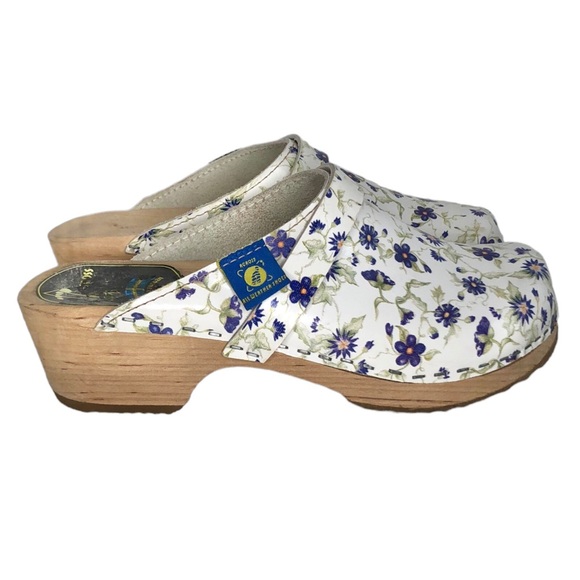 Across Floral Print Leather Swedish Wooden Clogs - Picture 2 of 12